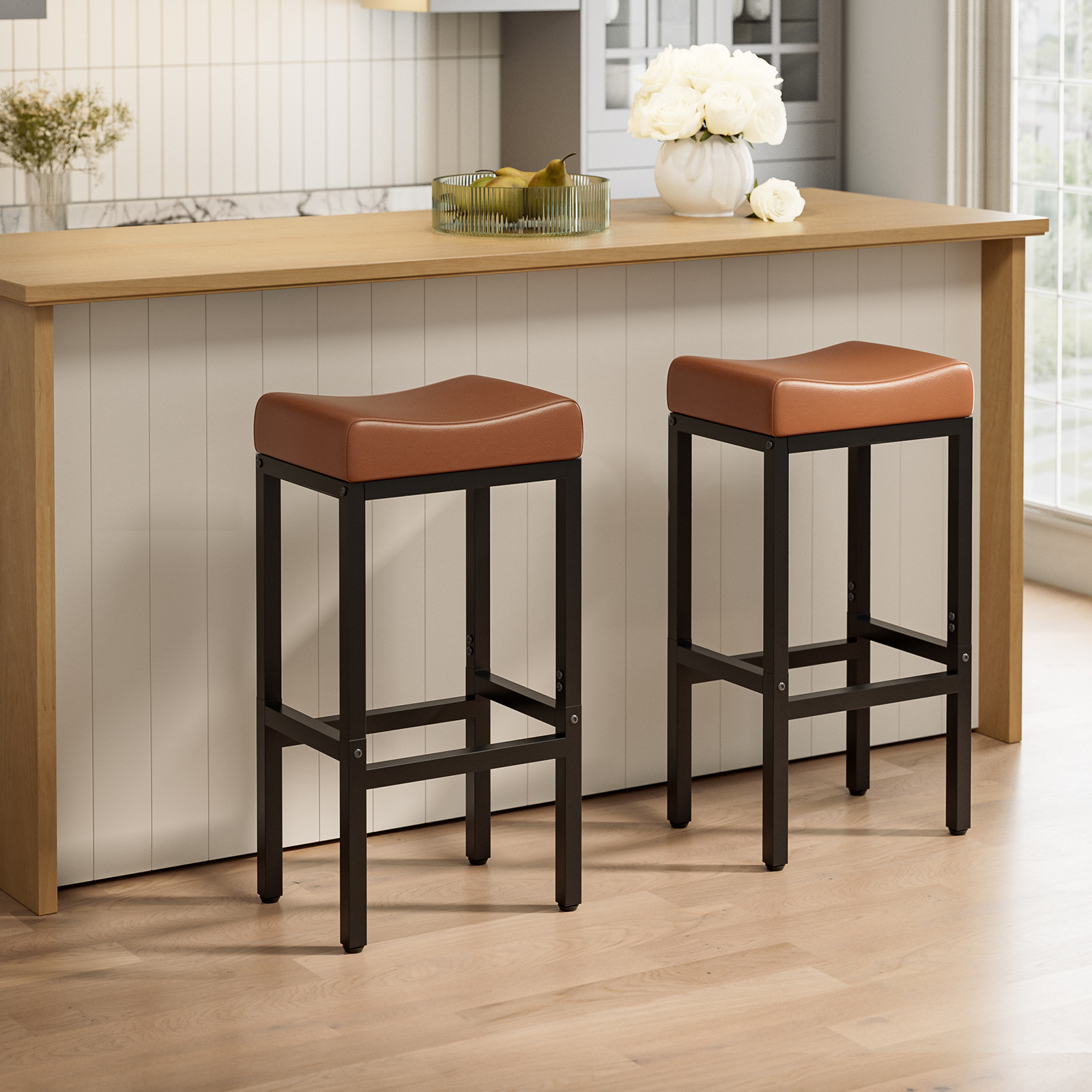 Bar KTV bar chair, bar stool, high stool, pure black retro saddle stool, PU leather bar stool with metal base