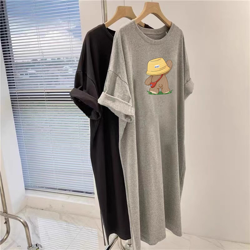 chubby girl plus size Cartoon Short-sleeved T-shirt Dress Women's Summer Loose Casual Top Mid-length Over-knee dress