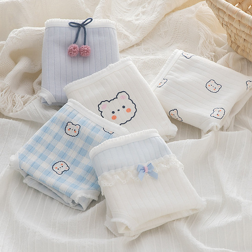 Pure Desire Blue Lady's Underwear Sweet and Cute Bear Teenage Short Shorts Mid-Thigh Hip-Hugging Triangle Pajamas 100% Cotton Mid-Thigh