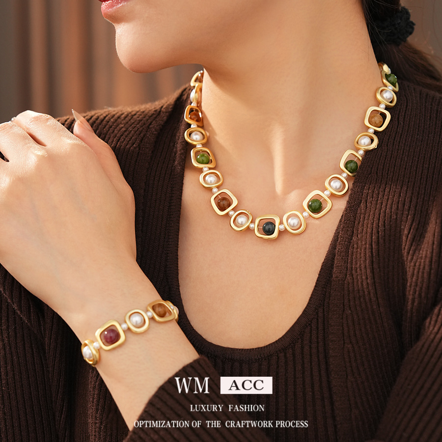 Medieval vintage perla redonda pulsera collar nicho de diseño conjunto retro joyas de corte al por mayor