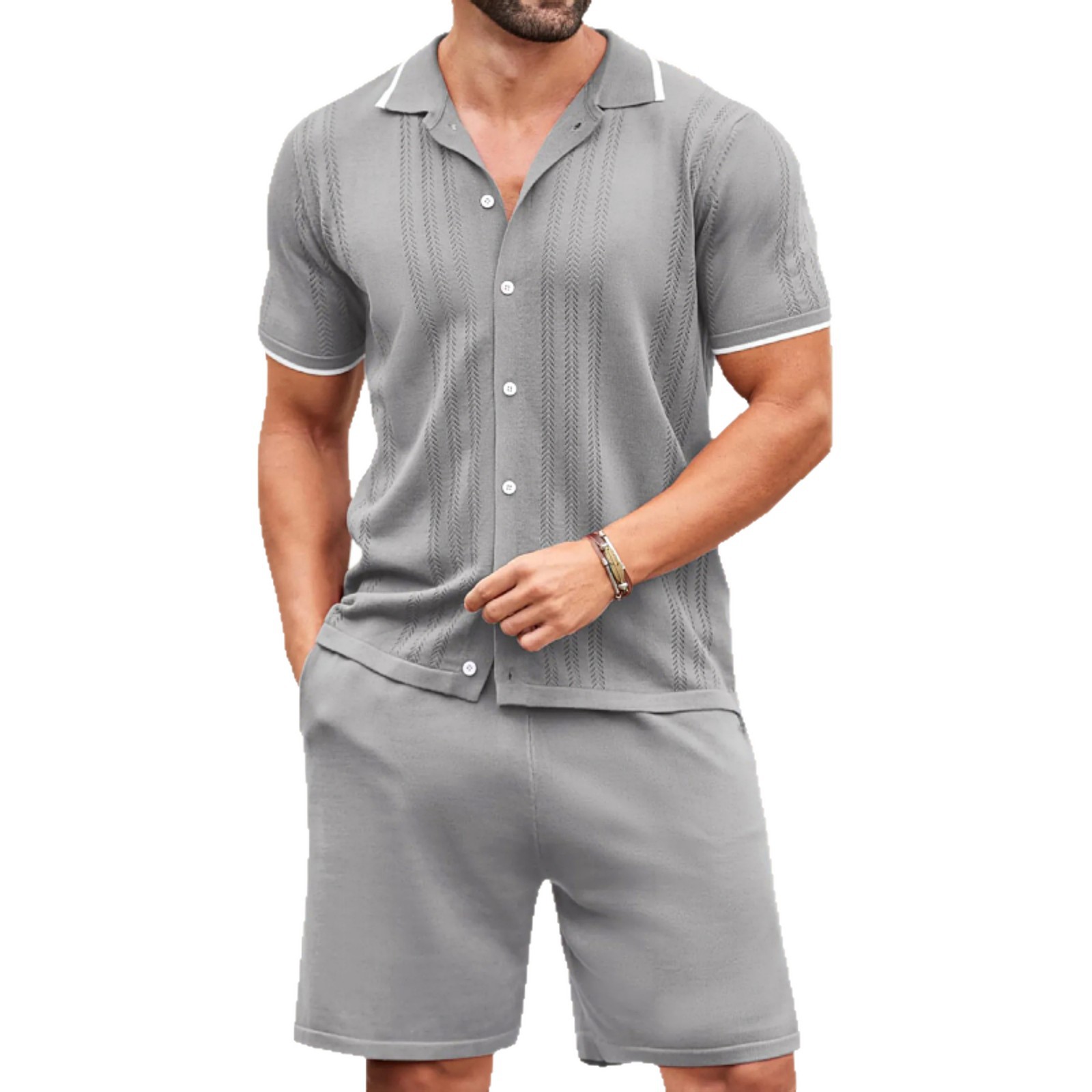 Abbigliamento uomo transfrontaliero, completo due pezzi in maglia casual da lavoro europeo e americano, set con polo in maglia di seta fresca_voghion.com