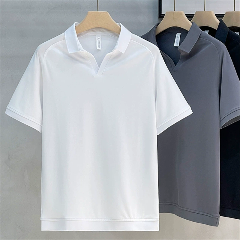 Мужская рубашка Поло с коротким рукавом Лето 2024 новый высокого класса с отворотом футболка сплошной цвет тонкая рубашка с половинным рукавом