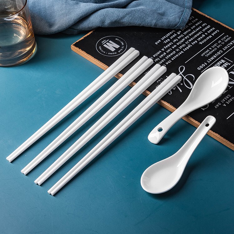 Jiujun Kiln Ivory White Ceramic Chopsticks Spoon High Temperature Resistant Household Soup Spoon Spoon Pure White Spoon Chopsticks Tableware Set