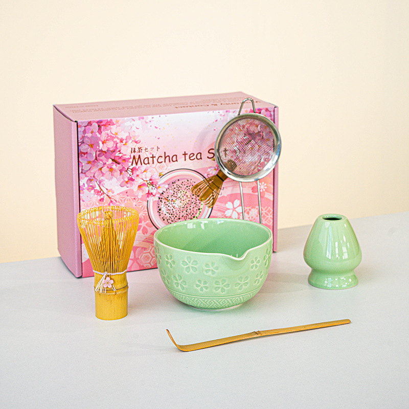 日本製抹茶茶器セット 桜ボウル 注ぎ口付き 8点セット フルセット カラーボックス ピンク付き|undefined