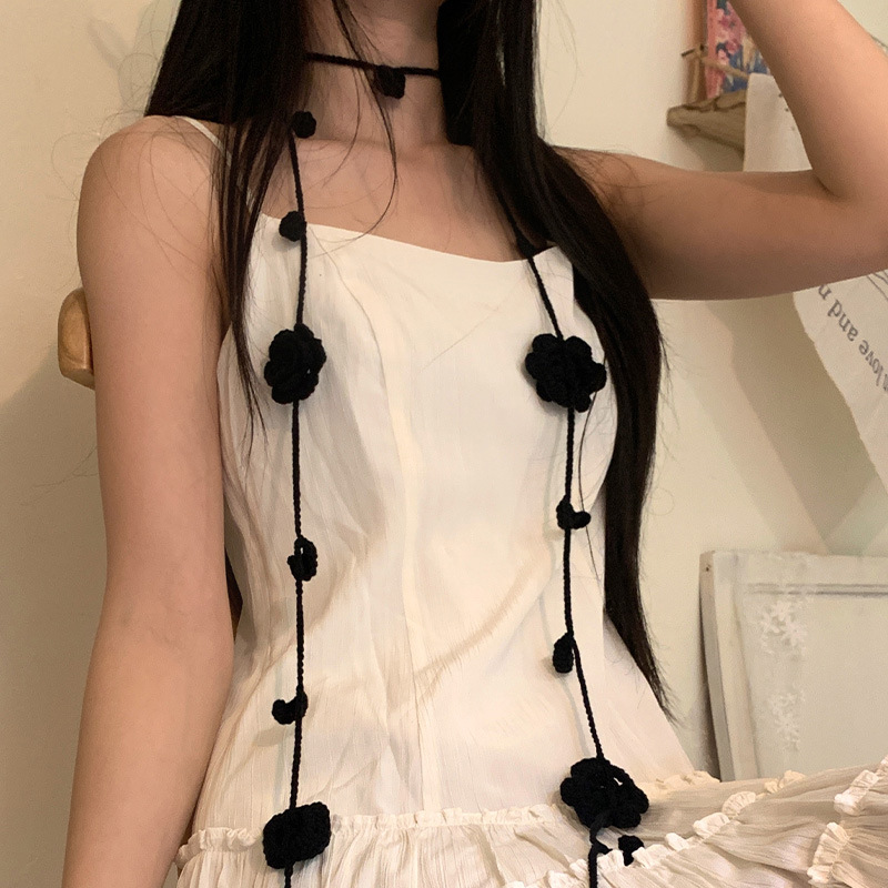 Rosas negras nicho tejido a mano bufandas de tiras delgadas y2k nicho accesorios de cuello collar