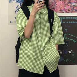 衬衫女夏短袖衬衣宽松韩版百搭设计感小众清新绿色格子上衣潮