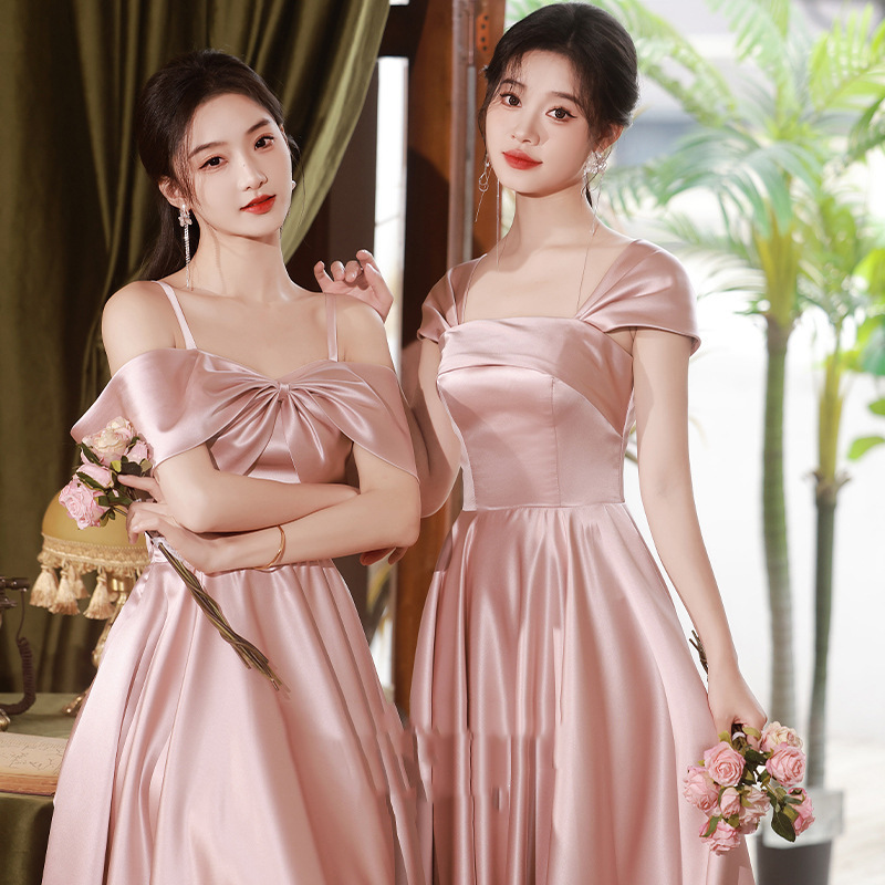 Pink Bridesmaid Dress 2025 New Spring Wedding Satin Can Be Worn at Ordinary Times Sister Group Evening Dress Long Dress