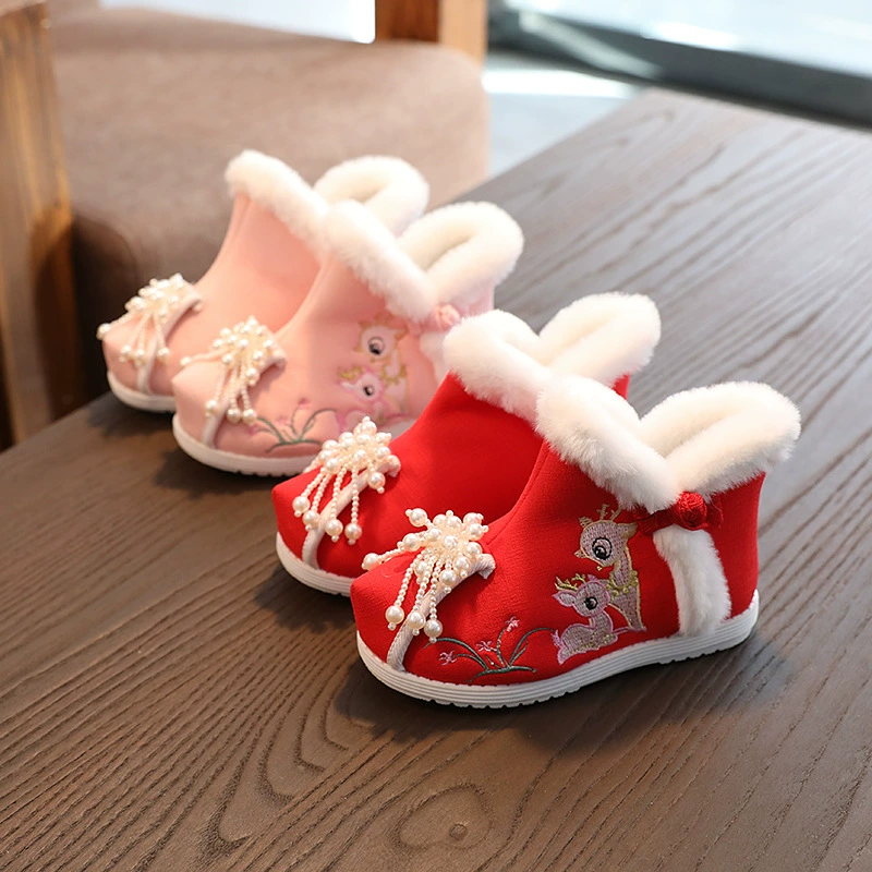 Зимняя обувь с вышивкой на флисовой подкладке для девочек, антикварная детская теплая обувь ханьфу, зимние сапоги в китайском стиле для девочек, большие хлопковые сапоги