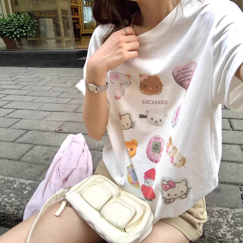 2026 Trendy College Style Sweet Cat Print Short-Sleeved T-Shirt for Women American Street Style Loose White Cotton Top 2026 Trendy College Style Sweet Cat Print Short-Sleeved T-Shirt for Women American Street Style Loose White Cotton Top