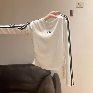 Design-Sense Three-Bar Long-Sleeved T-Shirt Base-Layer Shirt Women's Inner Spring and Autumn Winter Slim-Fit Slimming plus size Pleated Top for Women