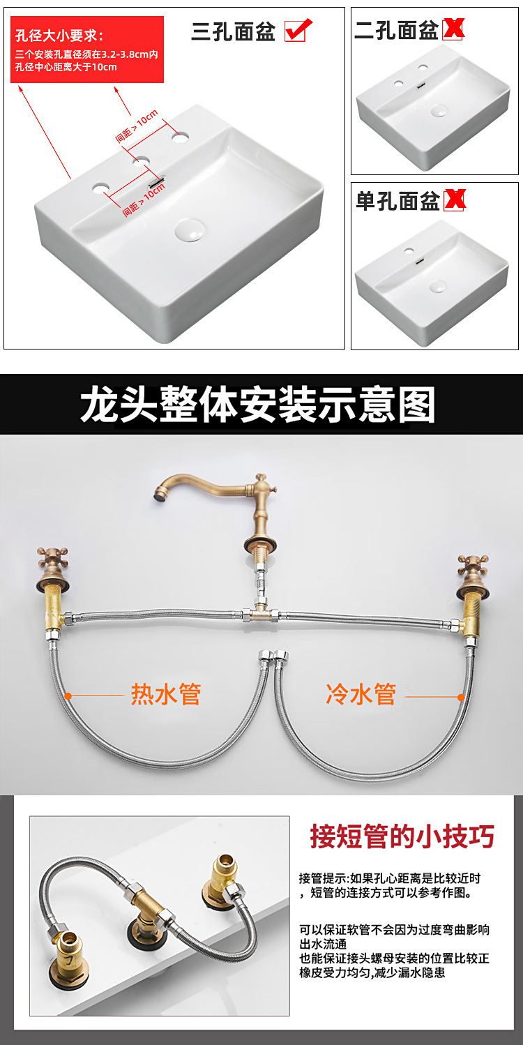 Brass French vintage washbasin, three-hole faucet, bathroom cabinet, double-handle split three-piece set, cold and hot splash-proof faucet Application Scenario