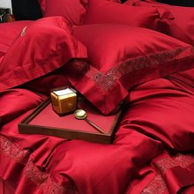 100s长绒棉婚庆四件套简约大红酒红色结婚全棉纯棉双面用床品4件