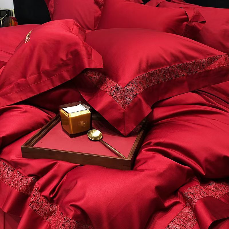 100s长绒棉婚庆四件套简约大红酒红色结婚全棉纯棉双面用床品4件