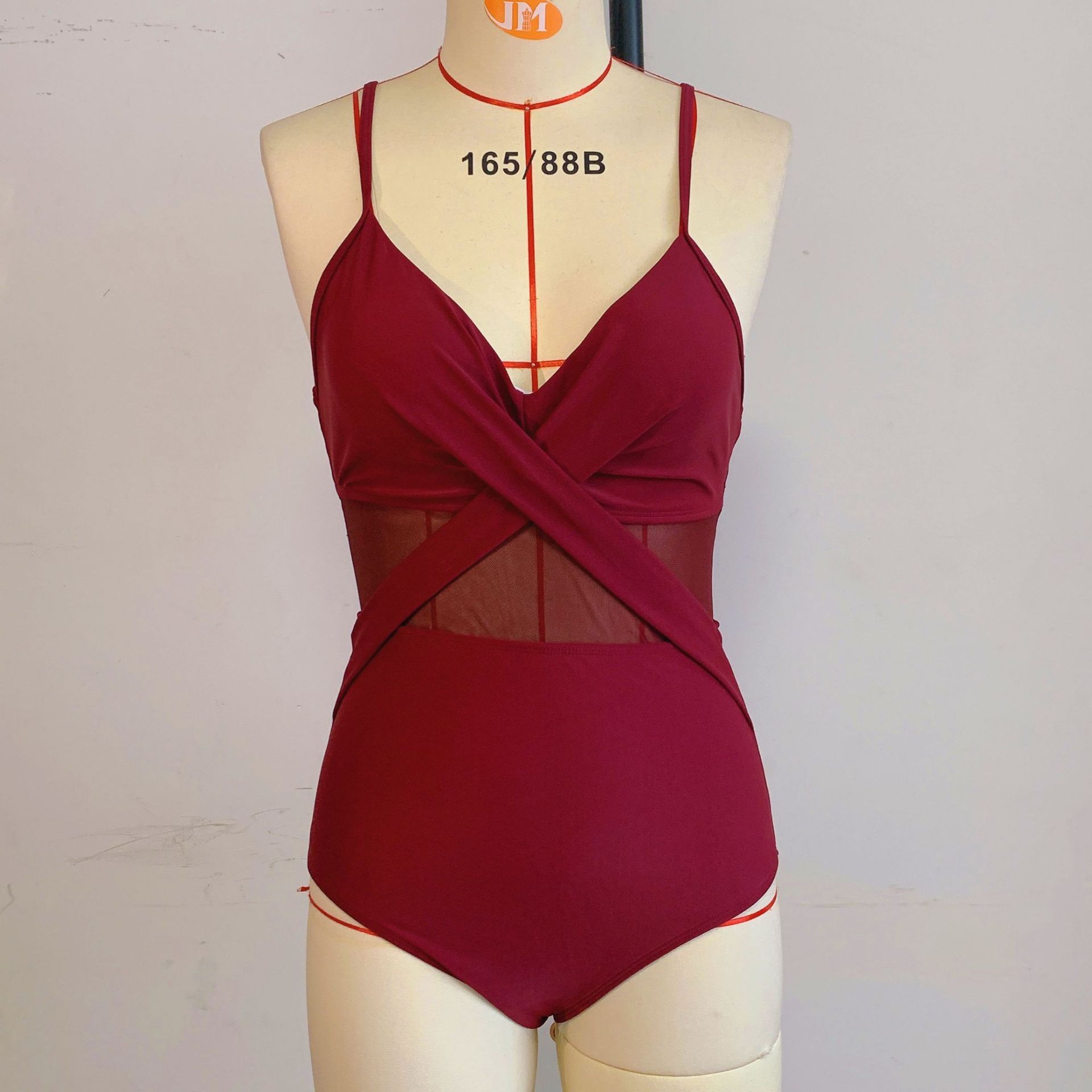 跨境连体泳衣 孔雀蓝连体纱交叉玫红 欧美外贸俄罗斯大码