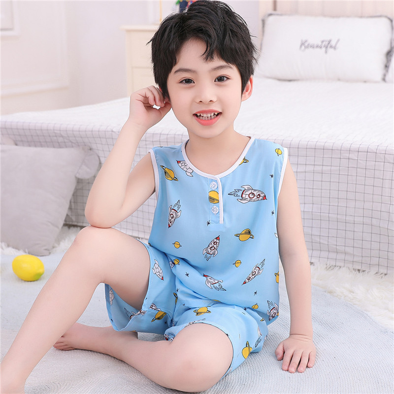 Children's Pajamas Vest Shorts Set Summer Thin Faux Cotton Silk Children's Sleeveless Cotton Fabric Home Clothes for Boys and Girls