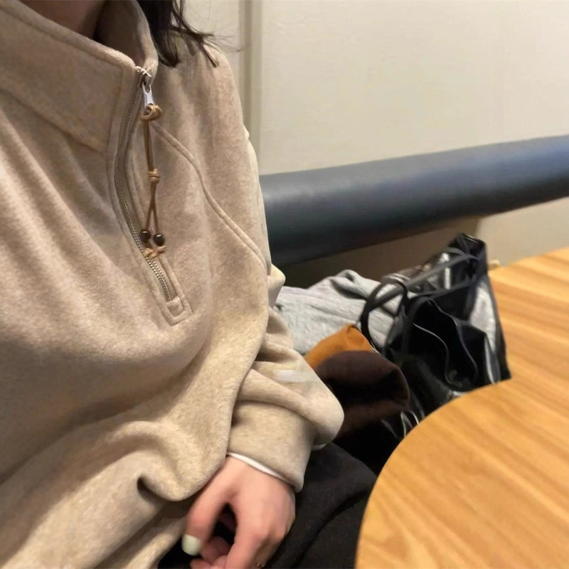 2025 Towel Velvet Stand-Up Collar Sweatshirt, Versatile Loose Japanese Style Half-Zip Autumn and Winter Lazy Hem Drawstring American Style