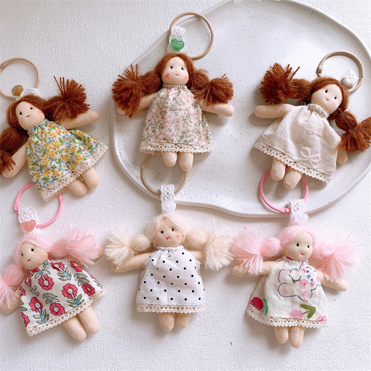 Cute Cartoon Doll Floral Dress Doll Pendant Girl Braid Bag Hanging Fabric Doll Keychain Decoration
