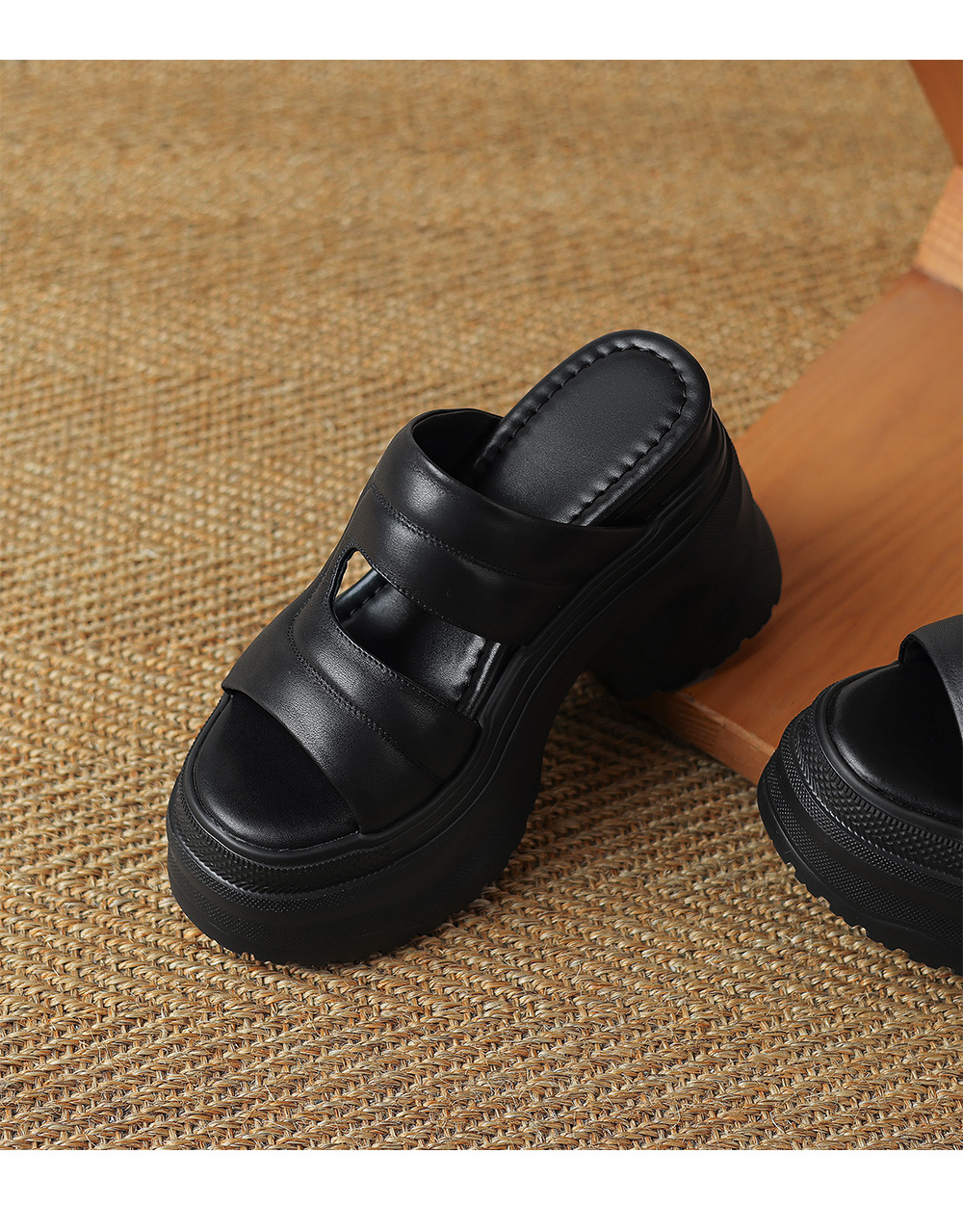 Dép sandal cao gót nữ hở mũi quai ngang da thật đế dày — Màu đen, Màu trắng chi tiết 15