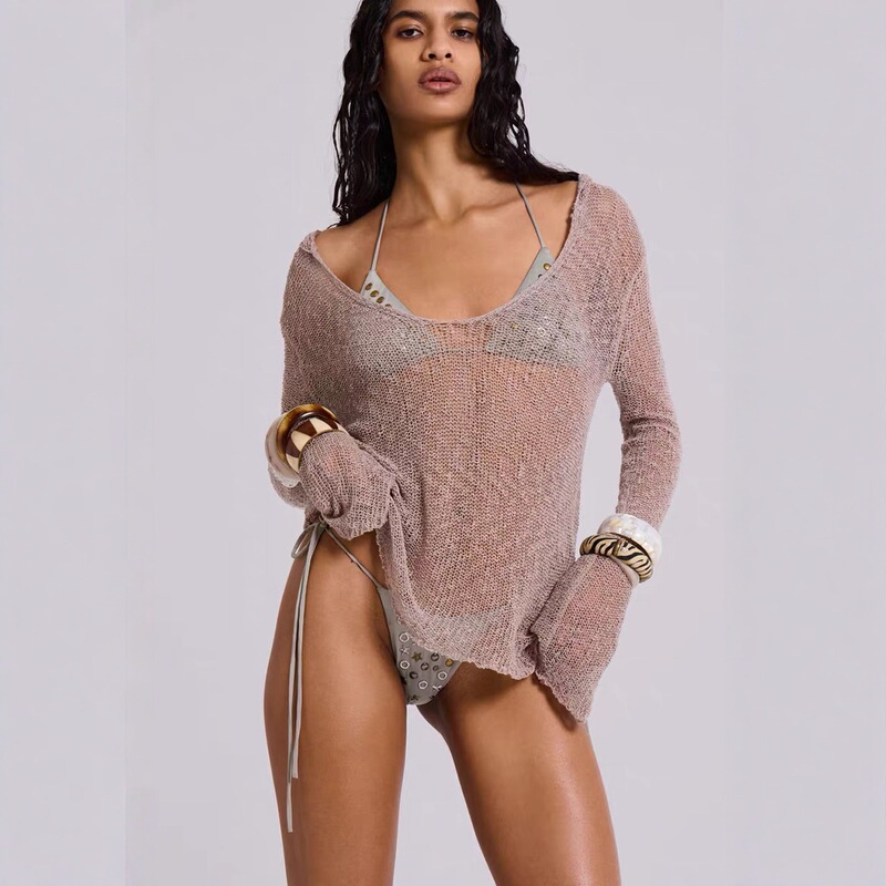 Original Label Jad See-Through Hollow-Out Long-Sleeve Knit Pullover Y2K Style Sexy Lazy Pullover Top for Women