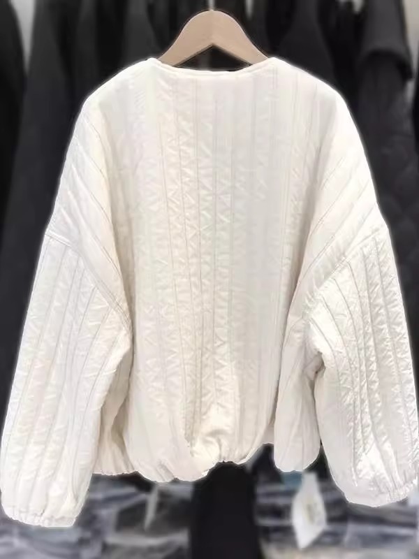 欧货小众圆领坑条棉服女秋冬季2025新款气质宽松保暖夹棉外套|undefined