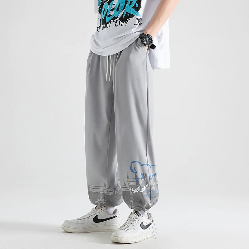 Брюки Мужские летние повседневные брюки тонкие корейские трендовые ледяные шелковые девятиочковые мальчики свободные штаны для ног