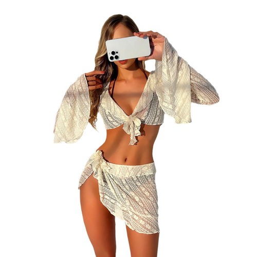 Women's Four-Piece Long-Sleeve Beach Cover-Up & Sun Protection Set: European and American-Style Ruffled Swimsuit