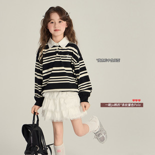 Emo Beibei Children's Sweatshirt 2025 Spring New Korean Striped Polo Shirt for Middle and Big Boys and Girls Lapel Top