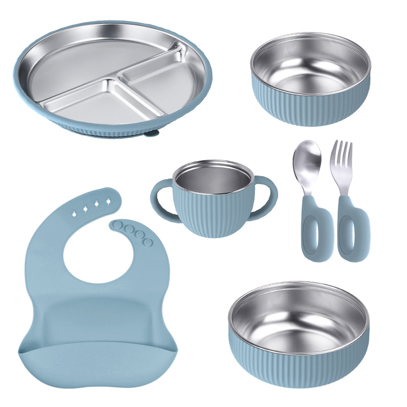 Venta directa de fábrica, vajilla infantil de silicona y acero inoxidable, juego de vajilla creativo de acero inoxidable, tazón de silicona infantil.