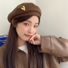 爱心款棕色贝雷帽女秋冬季画家帽日系可爱学院风帽子显脸小百