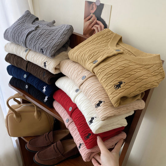 Pony Embroidered Twist Knitted Cardigan Women's Autumn and Winter Early Spring Vintage Round Neck Red White Sweater Coat Top Women