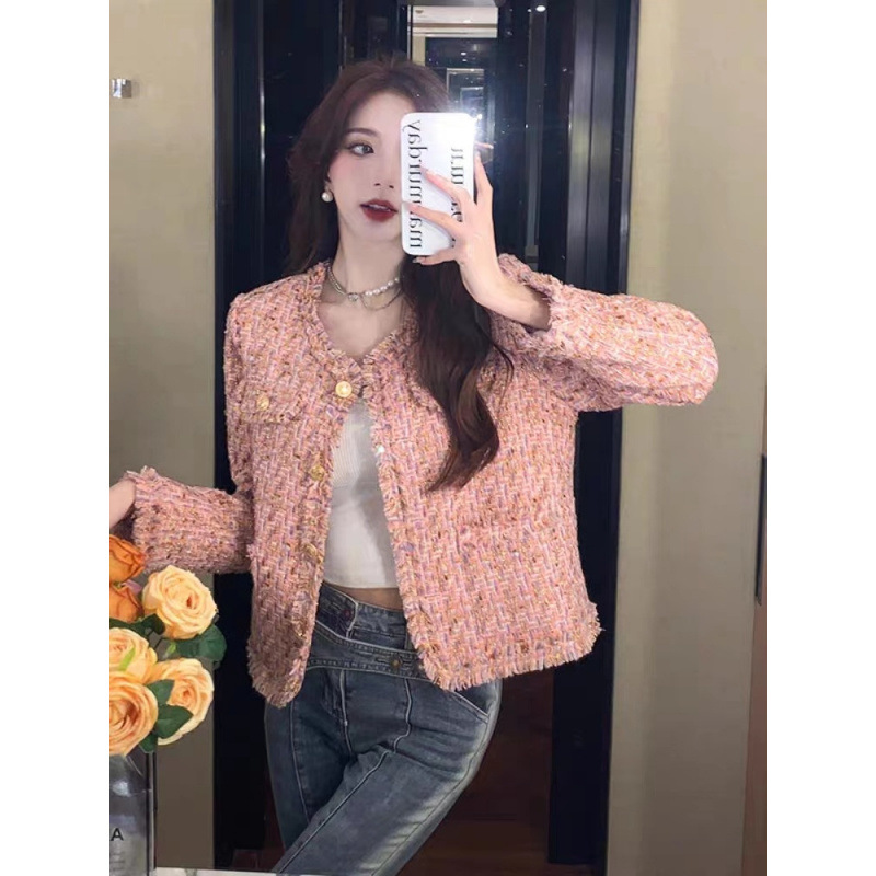 French Pink Tweed Coat Women's Autumn 2023 New Socialite Fragrant Style Western Style Street Fried Short Top