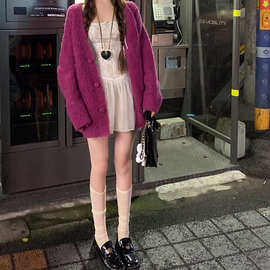 火龙果色毛衣外套女2024春秋新款宽松纯欲风软糯长袖针织开衫上衣