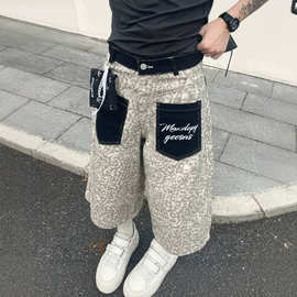 美式复古豹纹贴布口袋拼接弯刀七分裤女夏季新款高街宽松牛仔短裤