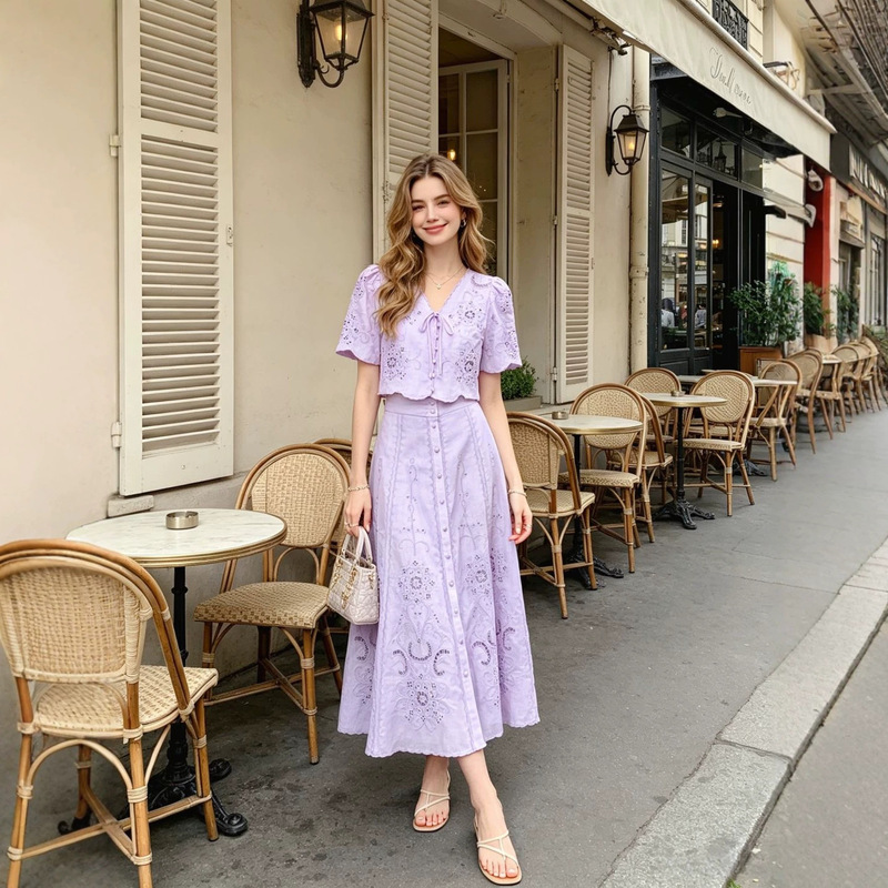 Shenzhen Nanyou Summer French-Style Gentle Embroidery Two-Piece Set Light Purple Hollow-Out Short Top + Skirt Set Shenzhen Nanyou Summer French-Style Gentle Embroidery Two-Piece Set Light Purple Hollow-Out Short Top + Skirt Set