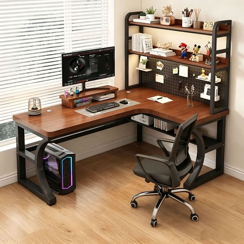 Solid wood corner computer desk with power strip, desktop home desk with bookshelf, integrated student gaming desk, corner office desk Solid wood corner computer desk with power strip, desktop home desk with bookshelf, integrated student gaming desk, corner office desk