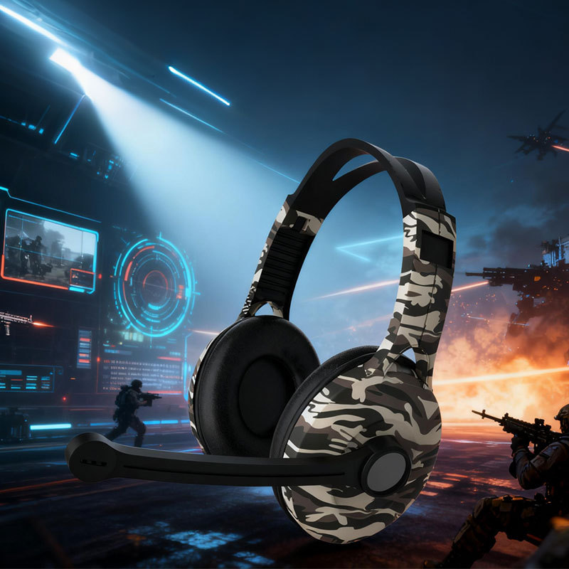 Nuevo auriculares camuflado recubrimiento UV impresión llamada reducción de ruido juegos de deportes electrónicos fabricantes de auriculares de computadora por cable