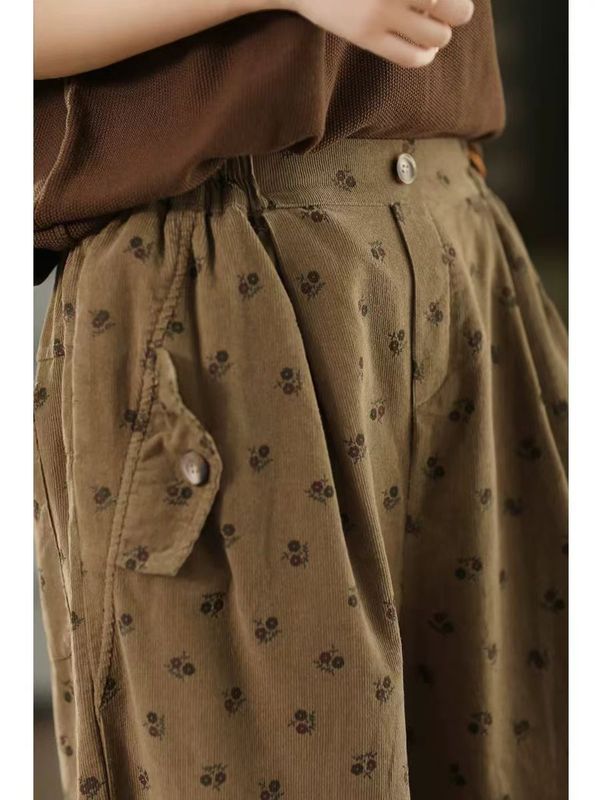 古咖服饰秋冬复古碎花灯芯绒哈伦裤女高腰印花条绒宽松休闲裤长裤|undefined