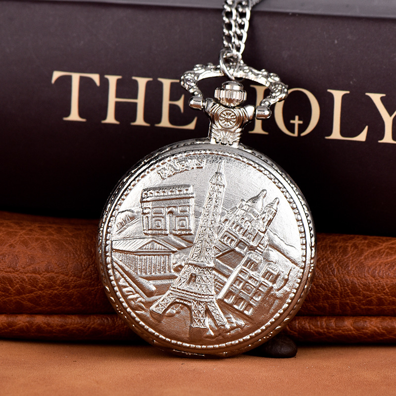 Cross-border Necklace Large Silver Tower Pocket Watch Nostalgia Retro Couple's Pocket Watch 8036