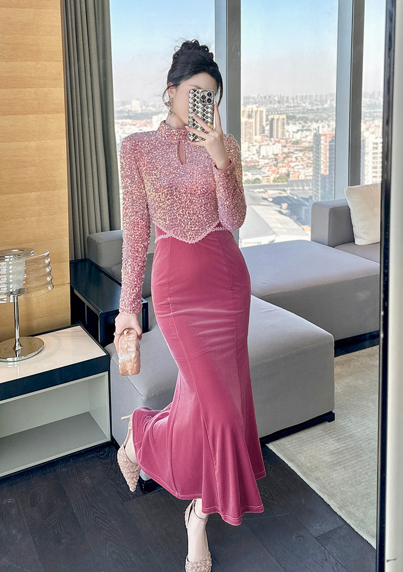 Đầm dài đuôi cá cổ tròn tay ngắn sequin nhung dự tiệc — màu hồng chi tiết 4