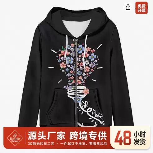 2025秋季跨境专供亚马逊独立站3D打印拉链欧码休闲连帽衫女士卫衣