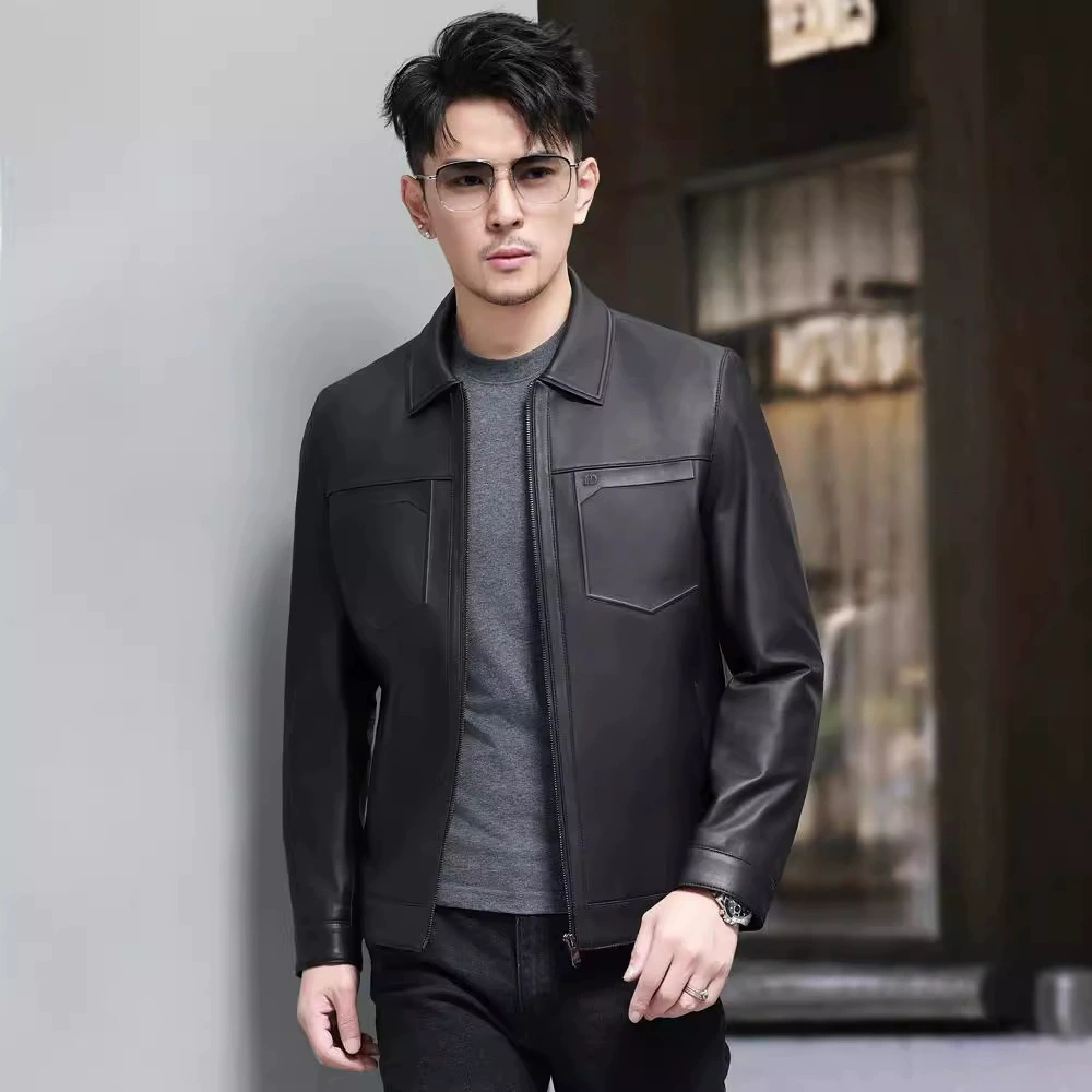 Autumn short jacket, genuine leather, for middle age
