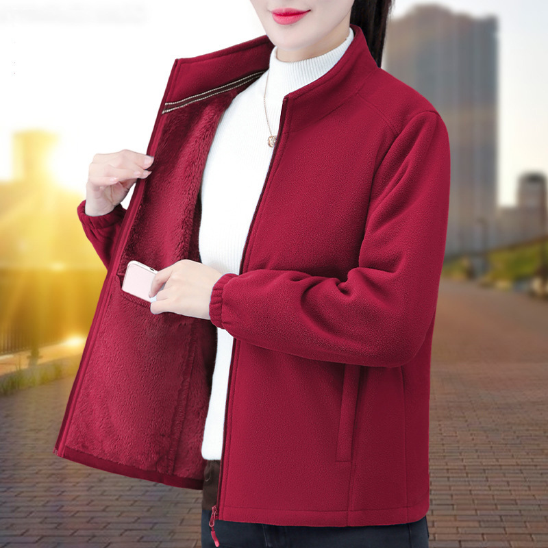 Double-Sided Velvet Jacket for Women in Autumn and Winter New Style Middle-Aged Mother's Fleece Jacket Warm Fleece-Lined Cardigan Polar Fleece Women's Top