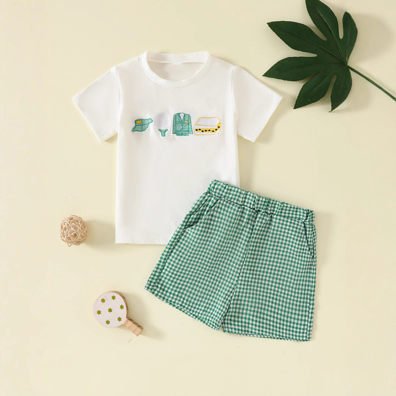Children's Clothing 2025 Boys' Summer Suit Kidsren's Golf Embroidered Round Neck Short-Sleeved T-Shirt + Plaid Shorts Two-Piece Set