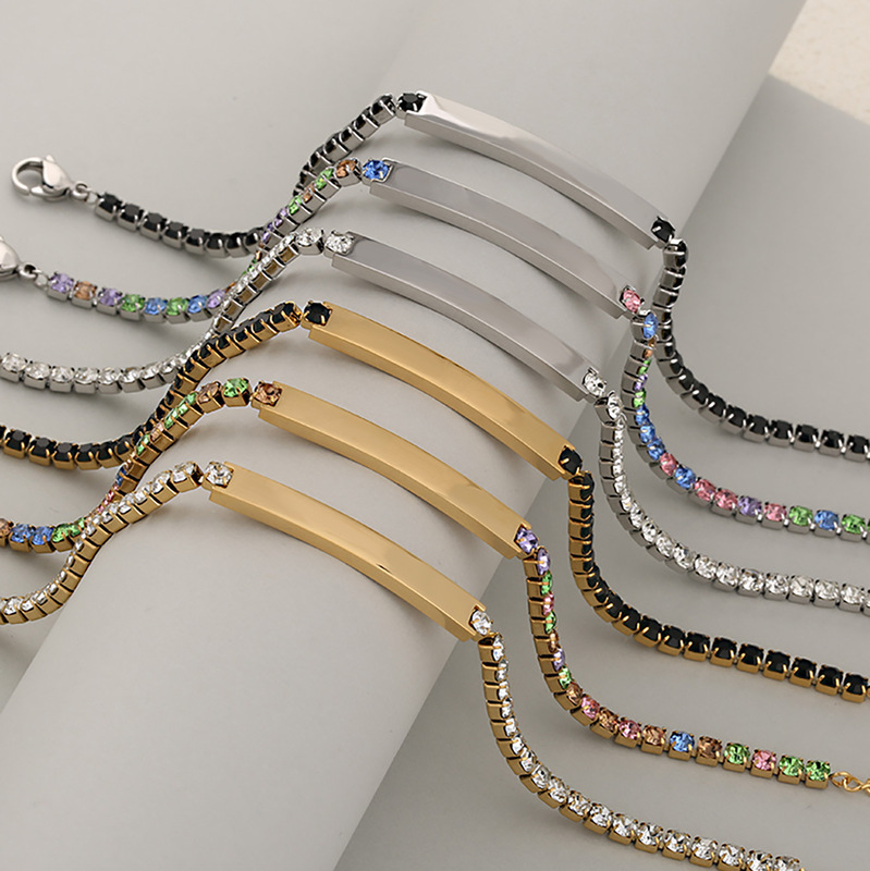 Cross-Border European and American Stainless Steel Fashion Tags Exquisite Glossy Long Curved Tags Color Diamond Design Bracelet Wholesale Jewelry