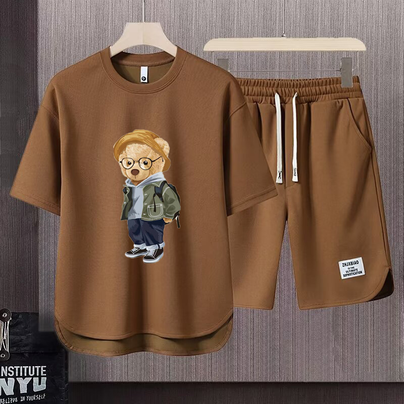 Men's Clothing 2024 Waffle Casual Summer Suit Men's Loose Teen Short sleeved T shirt Shorts Handsome Two piece Suit_desvips.com