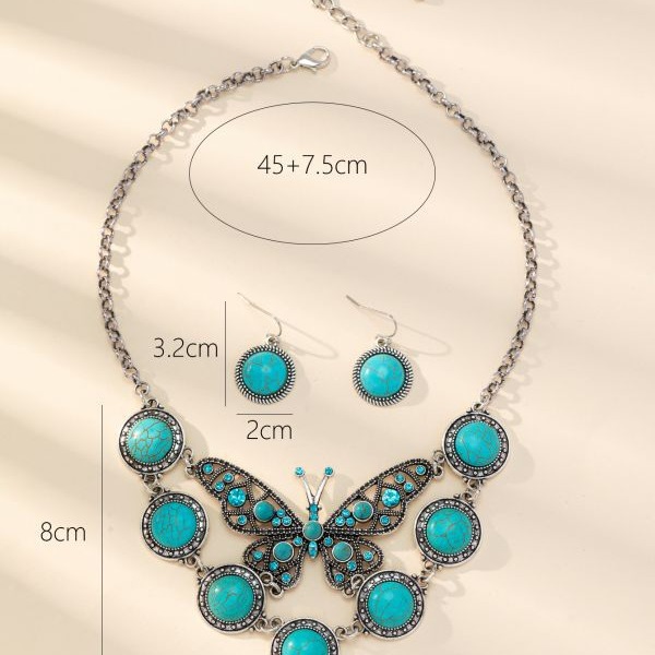 Venta caliente transfronteriza Europea y Americana exagerada Bohemia vintage turquesa mariposa collar pendientes traje de fábrica de joyas al por mayor