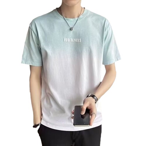 Men's Short Sleeve T-Shirt Summer Ice Silk Gradient Crew Neck Loose Half Sleeve T-Shirt with Letters