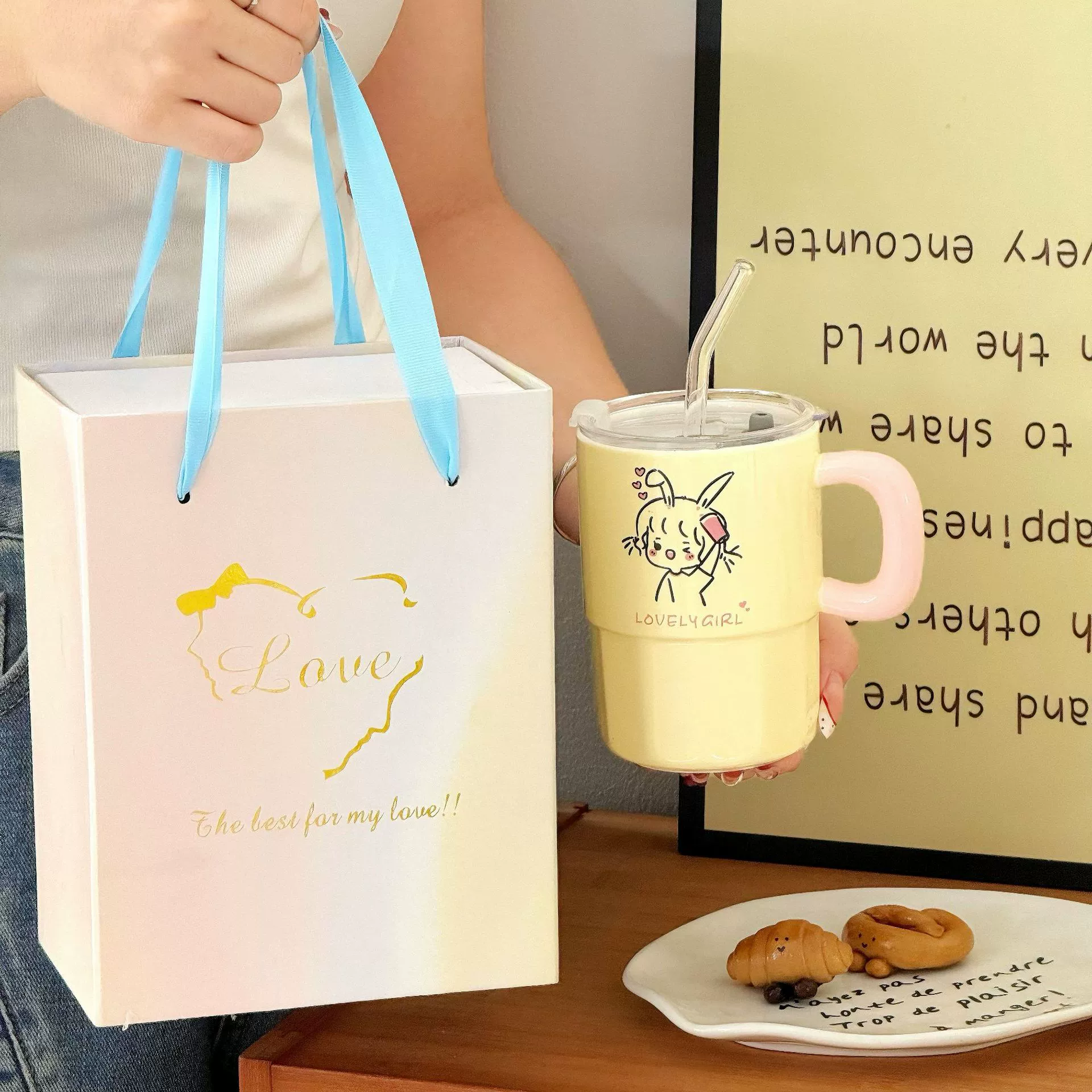 Керамичная соломинка с рисунком в виде мультфильма с стеклом
