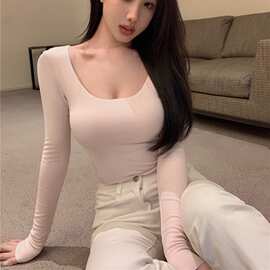 1*1随心裁 双面绒长袖u领T恤女秋冬粉色上衣短款内搭