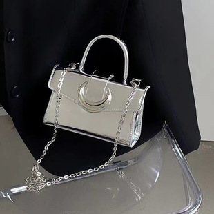 High-end Moon Lock Bag Women's 2024 New silver Square Patent Leather Bag Handbag Chain Shoulder Crossbody Bag